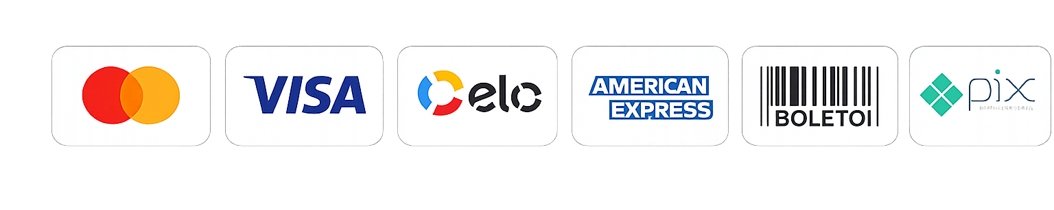 Formas de pagamento: Mastercard, Visa, Elo, American Express, Boleto e Pix